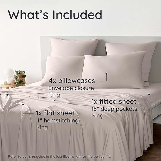 Bambaw 100% Viscose Derived from Bamboo Sheets King Size Set – 6pcs Deep Pocket King Sheets Cooling, Fits Up to 16'' with Elastic Corner Straps, Super Soft Bedding Set (Sand)