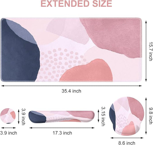 iCasso Desk Mat, Gaming Mouse Pad Wrist Support Set, XXL Large Mousepad + Keyboard Wrist Rest+Mouse Wrist Rest+Coastert with Ergonomic Design for Home Office Computer (C-Four-Pink-Block)