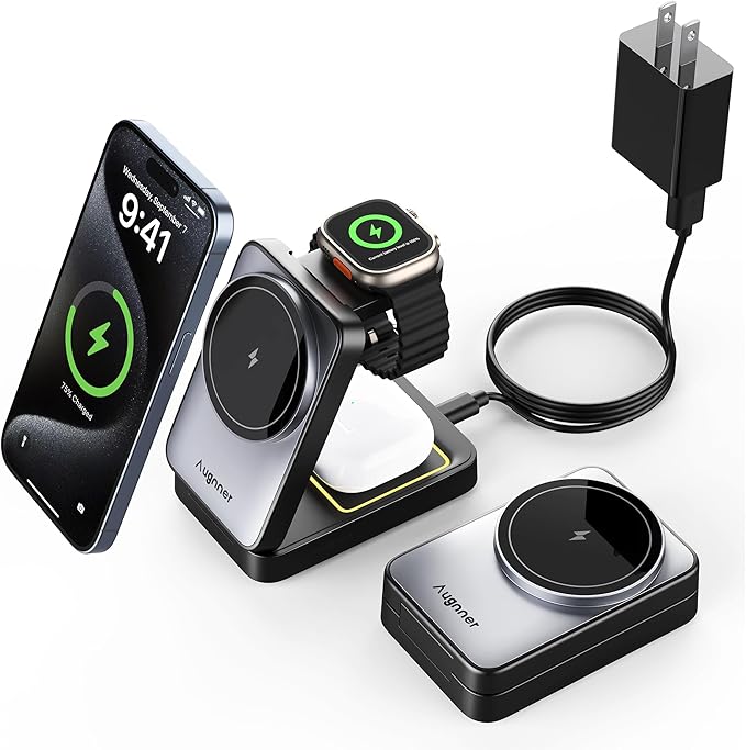 3 in 1 Charging Station for Multiple Devices Apple Compatible with Magsafe Charger Stand, 15W Foldable Cube Wireless Charger for 16/15/14/13/12 Series, Apple Watch, Airpod
