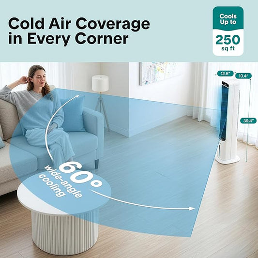 SereneLife Evaporative Air Cooler Tower with Remote, 5L Tank, 4 Ice Boxes, 3 Speeds, Quiet Standing Cooler with Oscillation for Home, Office or Bedroom, Portable & Energy Efficient, 10” x 13” x 39”