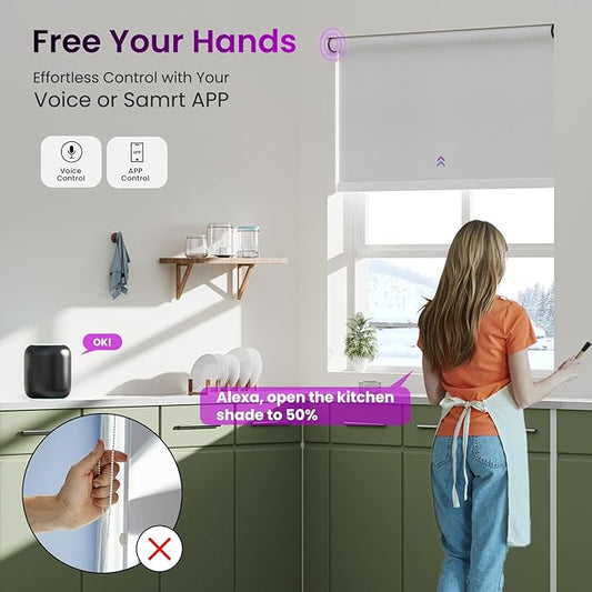 Astomi Motorized Roller Shades for Windows, Blackout Smart Blinds for Indoor, Effortless Remote & Voice Control, Compatible with Alexa, Google Home, Custom Size,Fabric-Pure White