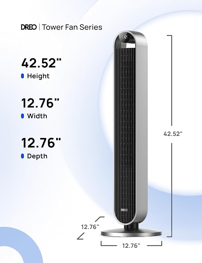 DREO Tower Fan for Bedroom, 42 Inch 120ยฐ Oscillating Fan, 25dB Quiet DC Motor, 28ft/s Velocity Bladeless Standing Fan with 12 Speeds, 4 Modes, 12H Timer Cooling Fans for Home, Living Room, Pilot Max S