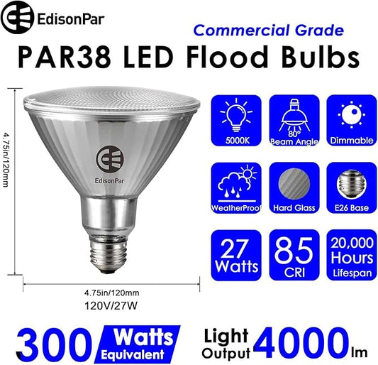 EdisonPar Full-Glass PAR38 LED Flood Light Bulbs Outdoor/Indoor Equivalent 300 Watt, 4000 Lumens Ultra Bright, Dimmable Waterproof 5000K Daylight, 2-Pack