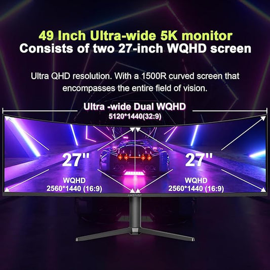 Amzfast 49 Inch Curved Monitor 120Hz DQHD 5120x1440p Ultrawide Gaming Monitor, 120% sRGB, 1500R, 1ms MPRT, HDR, Adaptive Sync, PIP/PBP, Height Adjustable, HDMI 2.0/DP 1.4, VESA 75x75, AMZG49C7U