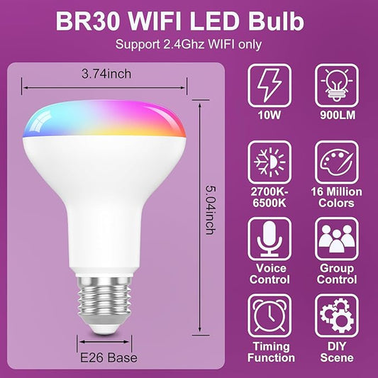 HYDONG Smart Light Bulbs,BR30 Smart Bulbs Compatible with Alexa,Flood Light Bulbs 10W 900LM,RGBCW Color Changing Light Bulb,2.4Ghz WiFi Bulb,APP Dimmable E26 Base,4Pack