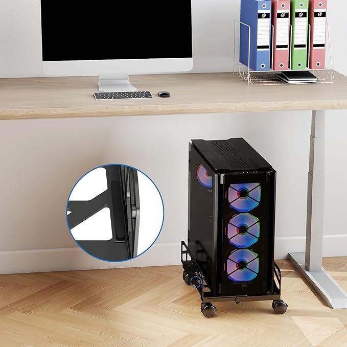 Pholiten Adjustable Computer Tower Stand,7.28 to 11.81 inch Wide Steel CPU Stand with 4 Rolling Caster Wheels,,Under Desk CPU Holder PC Floor Cart PC Riser,132lbs Capacity Weight