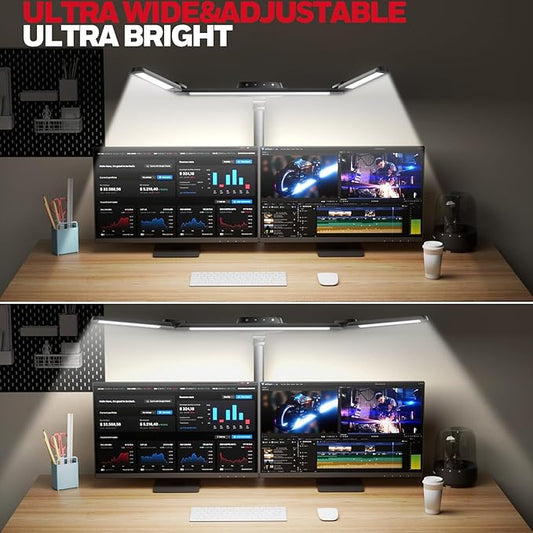 Honeywell Wide Desk Lamp with Clamp for Dual Monitors,22W Full-Spectrum Eye-Caring LED Light Bar for Home Office, 3-Section Adjustable Design with Stepless Dimming