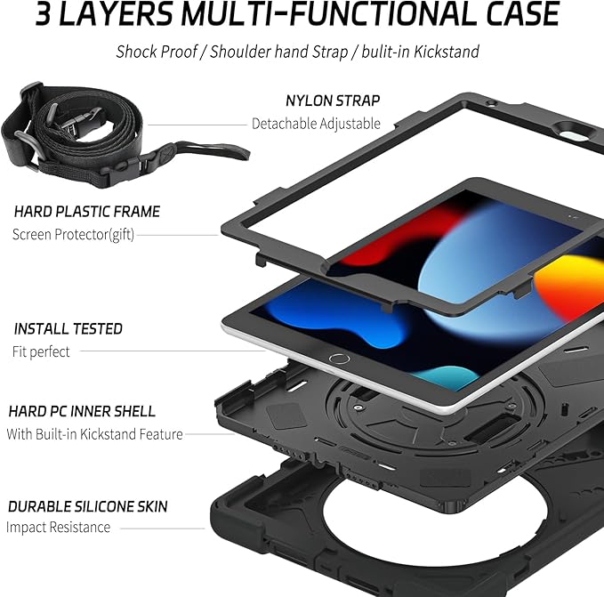 ZenRich Shockproof Case for iPad 9th/8th/7th Generation 10.2 inch 2021/2020/2019, Heavy Duty Rugged Case with Pencil Holder/360ยฐ Rotating Kickstand/Handle/Carrying Strap, Black