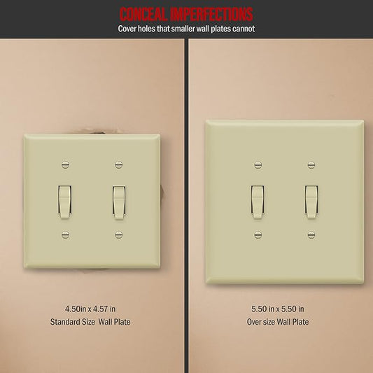 ENERLITES Double Toggle Switch Cover, Two Gang Light Switch Wall Plate, Gloss Finish, Oversized 2-Gang 5.5" x 5.5", Unbreakable Polycarbonate Thermoplastic, UL Listed, 8812O-I, Ivory
