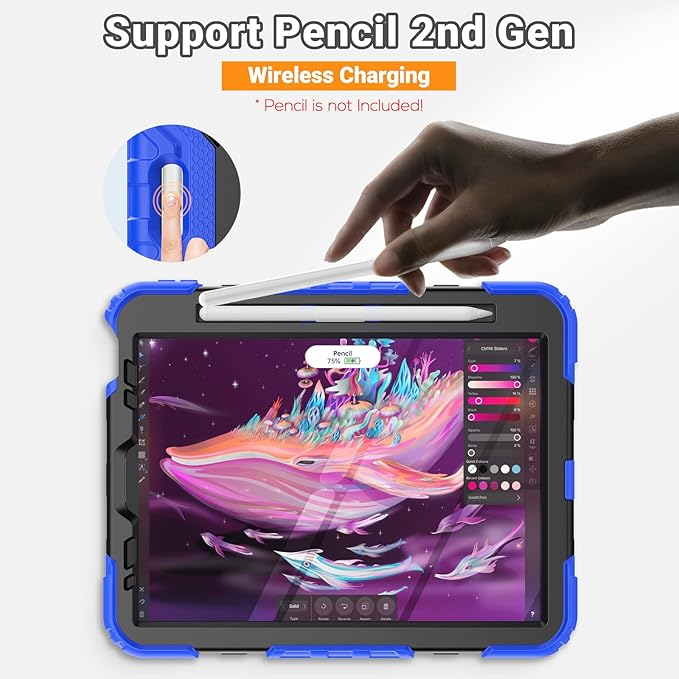 SEYMAC for iPad Air 5th/ 4th Generation Case 10.9 Inch, Full-Body Shockproof Protective Case with Screen Protector, Rotating Stand/Handle/Shoulder Strap/Pencil Holder for iPad Air 5/ Air 4, Blue