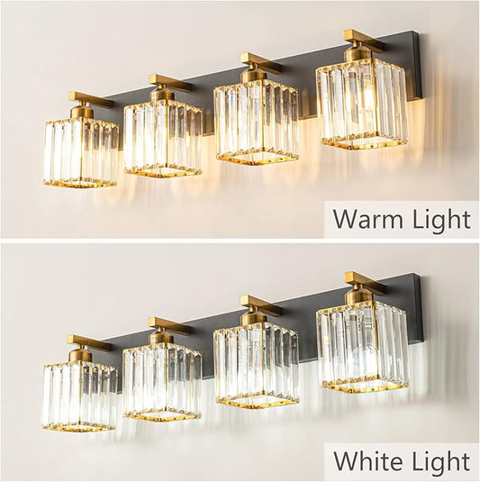 FDPBY Modern Bathroom Vanity Light 4-Lights Black Gold Crystal Bathroom Wall Light Vanity Light Fixtures,28.34-inch Modern Minimalist Design