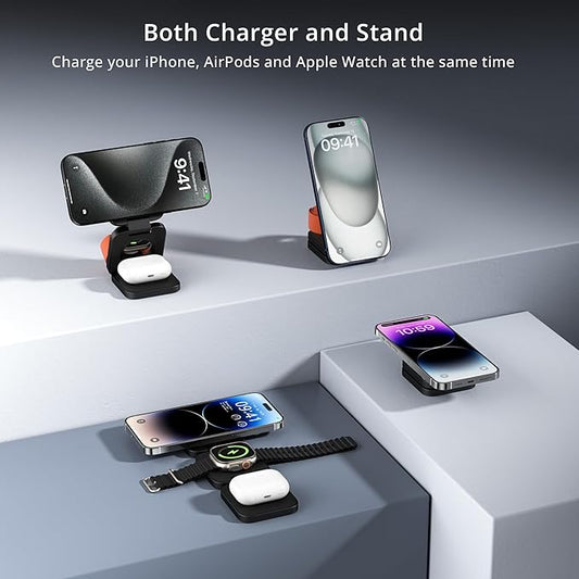 3-in-1 Wireless Charger Stand, LULULOOK 15W Magnetic Charger Wireless Fast Charging Station for iPhone 16/15/14 Series, Aluminum 5W Charger for Apple Watch, AirPods, USB-C Charging Cable Included