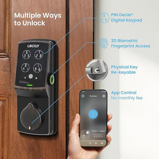 Lockly Secure Pro Smart Deadbolt, Wi-Fi Smart Lock, Keyless Entry with PIN Genie® Keypad, 3D Biometric Fingerprint, Auto Lock, Rekeyable-Venetion Bronze