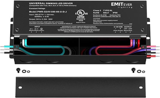 EMITEVER Dimmable Led Driver, 80W AC 110V-277V to DC 24V Transformer, 5-in-1 Dimming: ELV/MLV/TRIAC / 0-10V / 1-10V / 10V PWM/Potentiometer,Class 2,Waterproof IP67 and UL Listed,Class 2