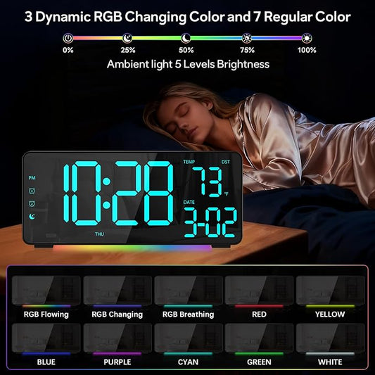 EVILTO Digital Alarm Clocks for Bedrooms, RGB Desk Clock with 15 Color Display, Date Temperature and Weekday, DST, Snooze, 2 Alarms, Ambient Lighting for Living Room, Bedside Office Gaming Desk Decor