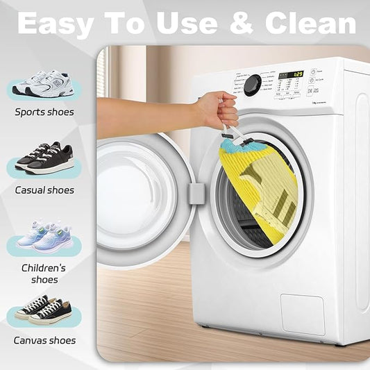 2Pcs Shoe Washing Machine Bag with Secure Drawstring Closure,Reusable,Cleaning Bag for All Shoe Types,Includes 2 Storage Dust Bags And 2 Adjustable Trees (Yellow)
