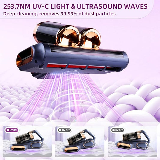BESTING Mattress Vacuum Cordless with 16Kpa Suction & HEPA Dust Cups, 253.7nm UV-C Light & Ultrasonic, Low Noise Widened Suction Port Handheld Vacuum for Bed Pillows Couch Car Seat Rugs, Deep Blue