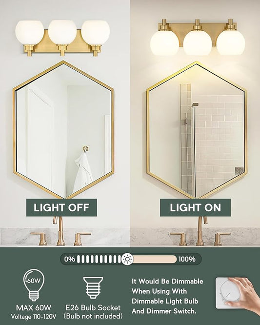 METWET Bathroom Light Fixtures, 3-Light Brushed Gold Vanity Light, Modern Wall Sconces with Milk White Globe Glass Shade, Vanity Lighting Fixtures Over Mirror, VL195-BG-ML-3