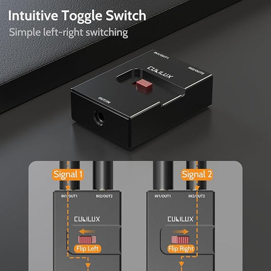 Cubilux 3.5mm Audio Selector, Bidirectional 2-In-1-Out or 1-In-2-Out 1/8-in TRS Headphone Switcher, Ultra-Compact Aluminum Case Passive Toggle A/B AUX Switch Box for PC