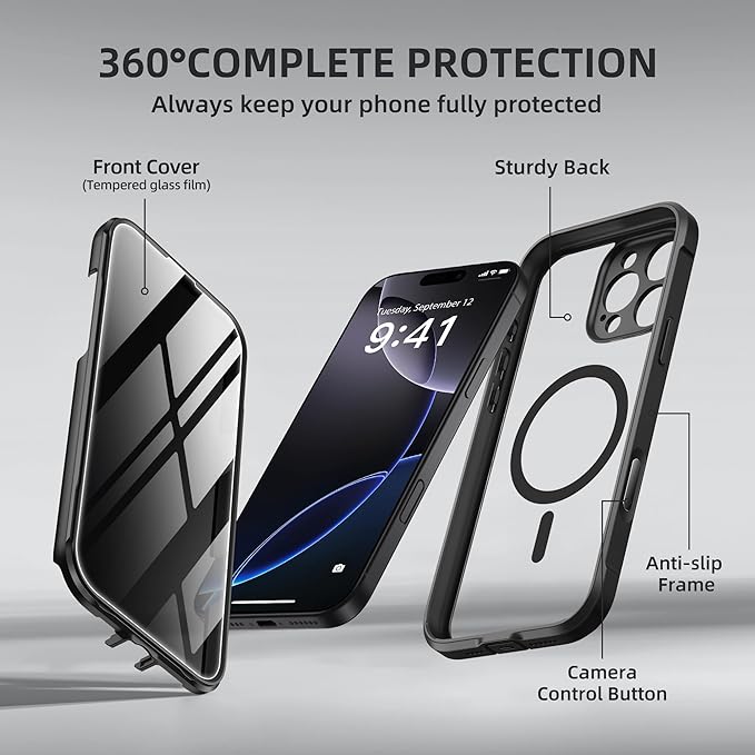 BERFY Magnetic for iPhone 16 Pro Case, Compatible with MagSafe, Built-in Privacy Screen Protector and Upgraded Camera Protection, Anti-Spy Full Body Shockproof Phone Case for 16 Pro 6.3", Black