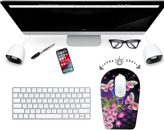 BOCHEERY Ergonomic Mouse Pad Wrist Support,Upgrade Mousepad with Massage Design,Non-Slip PU Base Desktop Mouse Pads for Pain Relief, Computer, Office & Home,12 x 8 in(F-Butterfly with Flower)