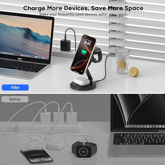 Charging Station, 3 in 1 Foldable Wireless Charger iPhone Charging Station Charger Stand Multiple Devices for Apple, with PD Adapter and USB C Cable for iPhone 16 15 14 Pro & iWatch&AirPods All Series