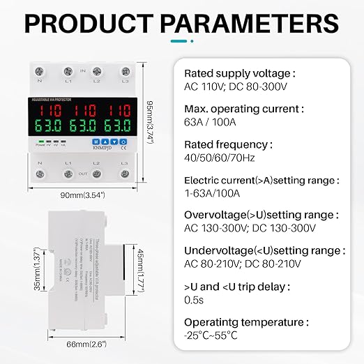 KNMIPJD Over Under Voltage Protection Device, 110V 63A Adjustable Circuit Breaker with LED Display for Real-Time Monitoring of Voltage, Current, Power, Home Commercial Electrical Safety(4P 63A)