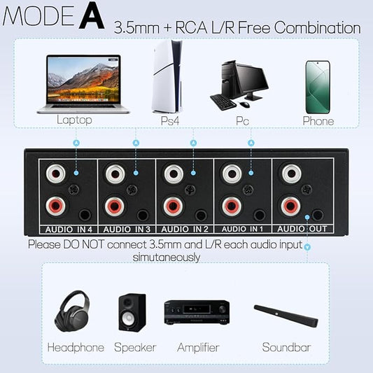 3.5mm Aux + RCA L/R Bi-Directional Stereo Audio Switch 4 in 1 Out A/B Analog Audio Switcher Selector No Power Need