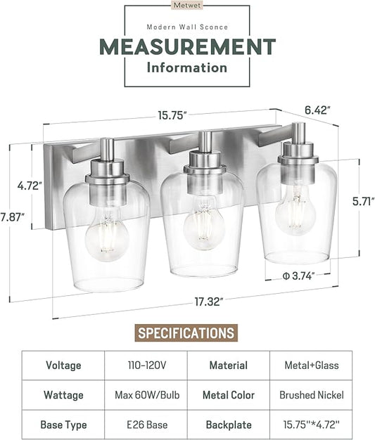 METWET Bathroom Light Fixtures, 3-Light Modern Vanity Light with Clear Glass Wine Glass-Shaped Shade, Vanity Lighting Fixtures Over Mirror, Brushed Nickel, VL155-BN-3