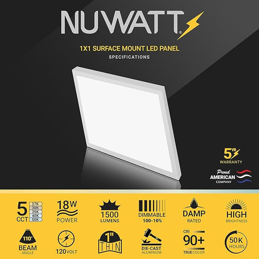 NUWATT 1x1 FT LED Square Surface Mount Panel, 5CCT 2700K/3000K/3500K/4000K/5000K Selectable, 1500LM 18W, Internal Driver, Dimmable Flat Panel, 120V, CRI90, 12" Inch Flush Mount Ceiling Light, 1" Thick
