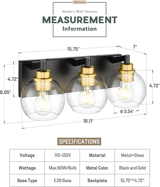 METWET Bathroom Light Fixtures, 3-Light Black and Gold Bathroom Vanity Light, Modern Wall Sconces with Globe Clear Glass Shade, Vanity Lighting Fixtures Over Mirror, VL195-KG-3