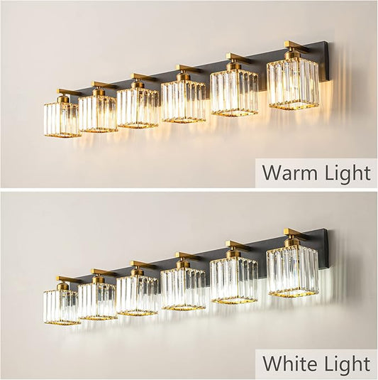 FDPBY Modern Bathroom Vanity Light 6-Lights Black Gold Crystal Bathroom Wall Light Vanity Light Fixtures,44.09-inch Modern Minimalist Design