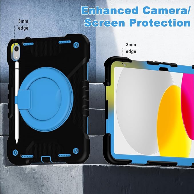Case for iPad (A16) 11th Generation 11 inch 2025/10th Generation 10.9 inch 2022, Heavy Duty Shockproof Kids Protection Cover with Pencil Holder/360° Rotating Stand/Handle/Shoulder Strap, Black Blue