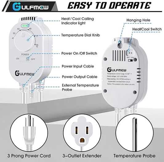 Plug in Thermostat for Heater, Thermostat Plug Outlet with 4.9FT Power Cord, Heating and Cooling Thermostats Outlet with Temperature Probe for Space Heater, Greenhouse Fan(White,1 Pcs)