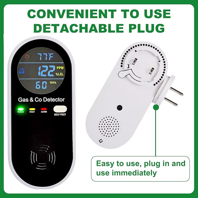 Combustible Gas & Carbon Monoxide Detector 4-in-1 Alarm with Temp/Humidity Sensor β Plug-in CO/Gas Leak Detector for Home, RV, Apartment Safety (Explosive Gas & CO Detection) 2-Pack