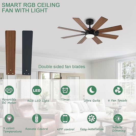 KNUN 48 Inch Ceiling Fans with Lights and Remote/APP Control, Low Profile Ceiling Fan, 8 Blades,LED Dimmable, Reversible DC Motor, Noiseless Brown Ceiling Fans for Bedroom Indoor/Outdoor Use