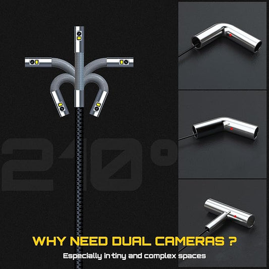 DXZtoz Dual-Lens Articulating Borescope, 6.5mm Slim Probe, Two-Way 210°Rotate Industrial Endoscope, 5'' Dual Screen Inspection Camera with Light for Aircraft Automotive Mechanic Electrician-5FT