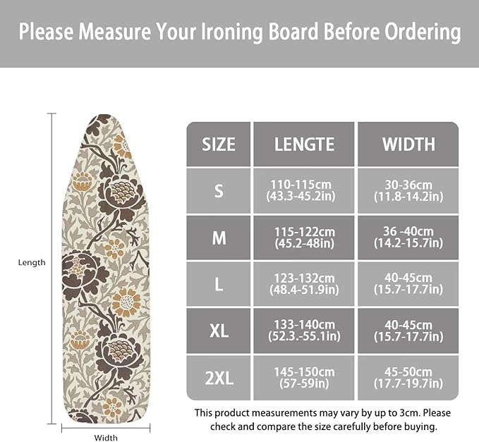 ZCFYGDX Elastic Ironing Board Covers Standard Size, William Morris Prints Ironing Board Straps/Cover and Fastener 15x54 Inch, Strongly Breathable and Doesn't Retain Moisture, Easy Installation
