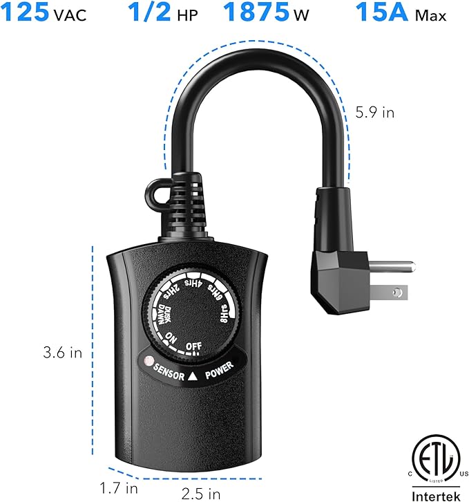 HBN Outdoor Light Timer Waterproof, Weatherproof Photocell Dusk to Dawn Light Sensor,2/4/6/8 Countdown Timer, 1 Grounded Outlet for Christmas Lights,Hallowen Deceration,1875W 15A 1/2HP