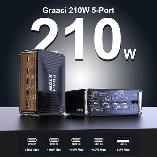 210W USB C Charger, Graaci GaN 5-Port PD3.1 140W 100W PPS Fast Charging Station, Type C Laptop Wall Charger Power Adapter for MacBook Pro/Air M2, iPhone 15 Pro, Galaxy S23 Ultra, Pixel 8, Steam Deck