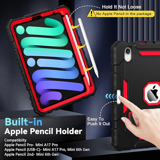Grifobes Case for iPad Mini 7 (A17 Pro) 2024 / Mini 6 2021 8.3 inch, Heavy Duty Shockproof Rugged Cover with Pencil Holder Stand, for I Pad Mini 7th/6th Gen 8.3" Case for Kids Boys (Black+Red)