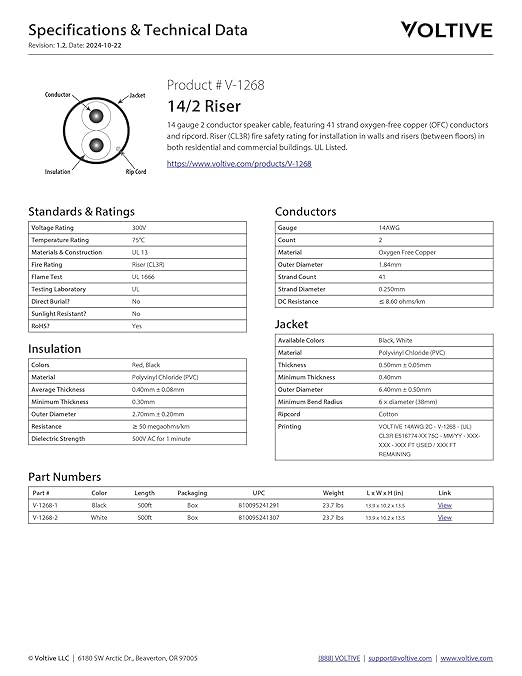Voltive 14/2 Speaker Wire, Riser CL3R, White, 500ft - 14AWG, 2 Conductors, Stranded Oxygen-Free Copper, UL Listed - V-1268-2