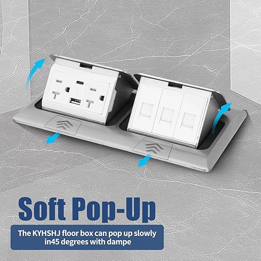 KYHSHJ USB Pop Up Floor Socket Kit with 2 * 20A Receptacle,4.8A 1 USB-A Ports &1 USB-C Port,3-Port RJ45 Datacom Receptacle,Corrosive Resistant Hardware,Silver