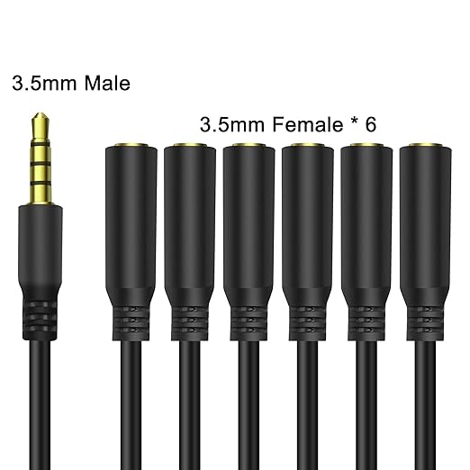 MEIRIYFA 3.5mm Splitter Cable 1 to 6 Ways,1/8 inch 4-Pole/3-Rings TRRS 1 Male to 6 Female Audio Stereo Splitter Extension Cable 3.5mm Audio 1 Input 6 Output Headphone Headset Extender Cord (30CM)