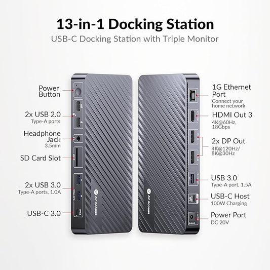 AV Access Docking Station 3 Monitors, 8K@30Hz Single Display, Triple 4K Display (2DP/1HDMI), USB-C Dock with 100W Laptop Charging, 10Gbps USB-C/A, Ethernet, Audio, SD, for MacBook/Chrome/Dell/HP