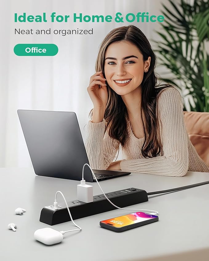 2 Pack Surge Protector Power Strip with 6 Outlets 4 USB Ports (2 USB C) 20-Foot Extension Cord Flat Plug 900 Joules 15A Circuit Breaker Wall Mount Desk USB Charging Station for Home Office