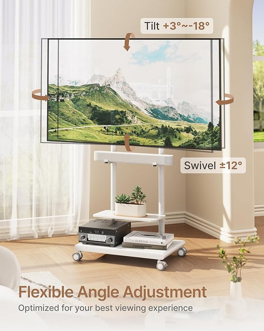 ECOTINY Steel Base Rolling TV Stand with Soundbar Mount for 37-75 inch TVs up to 154lbs, Swivel&Tilt Mobile TV Stand with Large Storage, Height Adjustable Heavy-Duty TV Cart, Max VESA 600x400mm, White