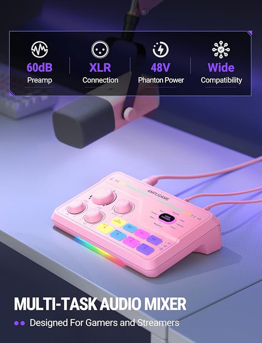 FIFINE Streaming Audio Mixer with XLR Mic Interface & 7.1 Surround Sound, Gaming RGB Mixer for PC/PS4 with Individual Volume Knob, 3 EQ Mode, 48V Phantom Power,Voice Changer-AmpliGame SC8P