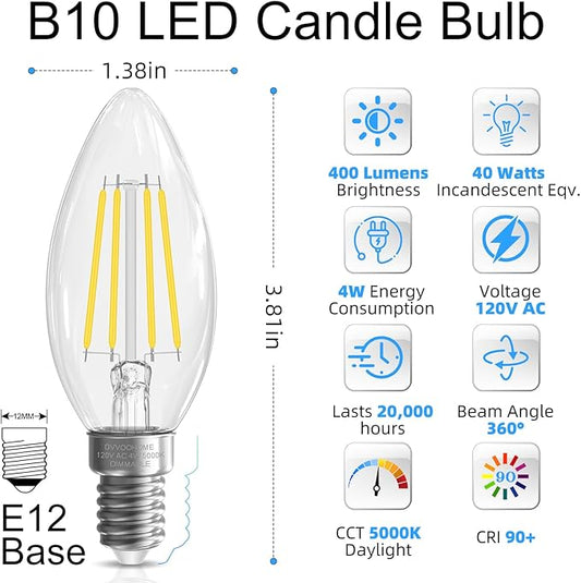 GvvooHome LED Candelabra Light Bulbs, E12 Bulb dimmable, 4W,40 watt Equivalent, Chandelier Light Bulbs, B10 Candle Bulb 5000K Daylight, 90+CRI, 400LM, Clear Glass, 48 Pack