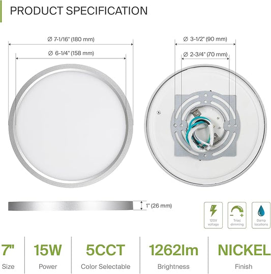 ASD LED 7" Round Flush Mount Ceiling Light Fixture, Low Profile Surface Lighting | 5CCT, Dimmable, Ultra-Thin, ETL Listed | 15W 1260LM 2700-6000K 120V | Kitchen, Bedroom, Hallway Lamp | Nickel
